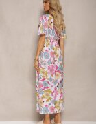 j&x Rochie Alb-Roz cu elastic în talie cu decolteu triunghiular cu imprimeu floral Nellvia