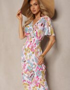 j&x Rochie Alb-Roz cu elastic în talie cu decolteu triunghiular cu imprimeu floral Nellvia