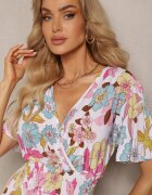 j&x Rochie Alb-Roz cu elastic în talie cu decolteu triunghiular cu imprimeu floral Nellvia