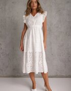 j&x Rochie Albă Cloș cu finisaj ajurat cu volan Melolia
