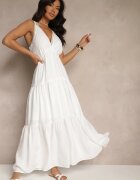 j&x Rochie Albă cu Vâscoză Decorată cu Motiv Croșetat Mevelta