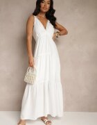 j&x Rochie Albă cu Vâscoză Decorată cu Motiv Croșetat Mevelta