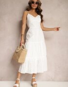j&x Rochie Albă de Bumbac cu Bretele Subțiri cu Finisaj Brodat cu Elastic în Talie Lomila