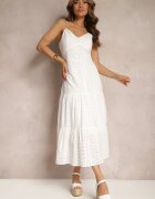 j&x Rochie Albă de Bumbac cu Bretele Subțiri cu Finisaj Brodat cu Elastic în Talie Lomila