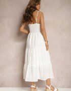 j&x Rochie Albă de Bumbac cu Bretele Subțiri cu Finisaj Brodat cu Elastic în Talie Lomila