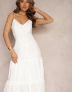 j&x Rochie Albă de Bumbac cu Bretele Subțiri cu Finisaj Brodat cu Elastic în Talie Lomila