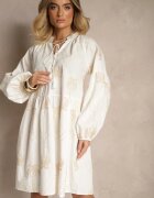j&x Rochie Albă din Bumbac Decorată cu Legătură și Model cu Palmieri