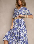 j&x Rochie Albastră Cloș din Viscoză Decorată cu Volan Filesenia