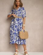 j&x Rochie Albastră Cloș din Viscoză Decorată cu Volan Filesenia