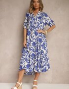 j&x Rochie Albastră Cloș din Viscoză Decorată cu Volan Filesenia