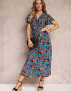 j&x Rochie Albastră Evazată Maxi cu Elastic în Talie din Viscoză Femia