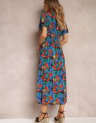 j&x Rochie Albastră Evazată Maxi cu Elastic în Talie din Viscoză Femia