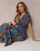 j&x Rochie Albastră Evazată Maxi cu Elastic în Talie din Viscoză Femia