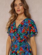 j&x Rochie Albastră Evazată Maxi cu Elastic în Talie din Viscoză Femia