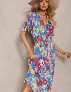 j&x Rochie Albastră-Roșie cu elastic în talie cu decolteu triunghiular cu imprimeu floral Nellvia
