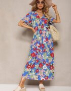 j&x Rochie Albastră-Roșie cu elastic în talie cu decolteu triunghiular cu imprimeu floral Nellvia