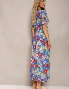 j&x Rochie Albastră-Roșie cu elastic în talie cu decolteu triunghiular cu imprimeu floral Nellvia