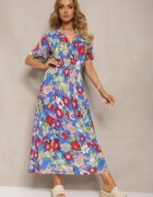 j&x Rochie Albastră-Roșie cu elastic în talie cu decolteu triunghiular cu imprimeu floral Nellvia