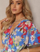 j&x Rochie Albastră-Roșie cu elastic în talie cu decolteu triunghiular cu imprimeu floral Nellvia