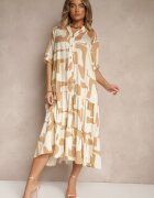 j&x Rochie Bej din Vascoză Decorată cu Model Geometric Filorea