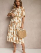 j&x Rochie Bej din Vascoză Decorată cu Model Geometric Filorea