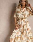 j&x Rochie Bej din Vascoză Decorată cu Model Geometric Filorea