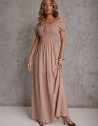 j&x Rochie Bej din Viscoză Stil Spaniol Decorată cu Volane Jenalena