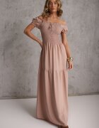 j&x Rochie Bej din Viscoză Stil Spaniol Decorată cu Volane Jenalena
