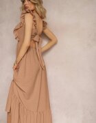 j&x Rochie bej închisă cu legătură la spate cu bretele cu volane și elastic în talie Rollas