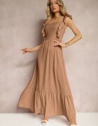 j&x Rochie bej închisă cu legătură la spate cu bretele cu volane și elastic în talie Rollas
