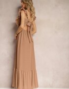 j&x Rochie bej închisă cu legătură la spate cu bretele cu volane și elastic în talie Rollas