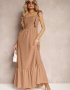 j&x Rochie bej închisă cu legătură la spate cu bretele cu volane și elastic în talie Rollas