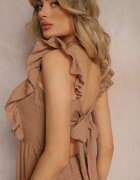 j&x Rochie bej închisă cu legătură la spate cu bretele cu volane și elastic în talie Rollas