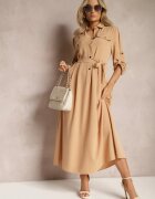 j&x Rochie bej lungă cu partea de jos evazată și partea de sus tip cămașă Kitesi