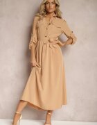 j&x Rochie bej lungă cu partea de jos evazată și partea de sus tip cămașă Kitesi