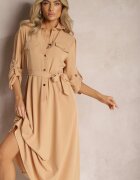 j&x Rochie bej lungă cu partea de jos evazată și partea de sus tip cămașă Kitesi