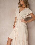 j&x Rochie Bej Petrecută din Viscoză Decorată cu Curea Savioneira
