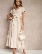 j&x Rochie Bej Petrecută din Viscoză Decorată cu Curea Savioneira
