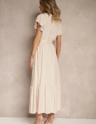 j&x Rochie Bej Petrecută din Viscoză Decorată cu Curea Savioneira