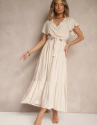 j&x Rochie Bej Petrecută din Viscoză Decorată cu Curea Savioneira