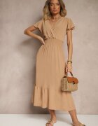 j&x Rochie bej petrecută evazată cu elastic în talie Reivione