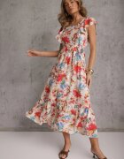 j&x Rochie Bej-Roz Florală din Viscoză cu Volan cu Bretele cu Curea din Material Nuclemia