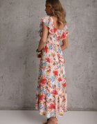 j&x Rochie Bej-Roz Florală din Viscoză cu Volan cu Bretele cu Curea din Material Nuclemia