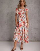 j&x Rochie Bej-Roz Florală din Viscoză cu Volan cu Bretele cu Curea din Material Nuclemia