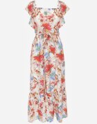 j&x Rochie Bej-Roz Florală din Viscoză cu Volan cu Bretele cu Curea din Material Nuclemia