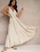 j&x Rochie Bejă din Vâscoză Decorată cu Motiv Croșetat Mevelta