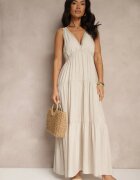 j&x Rochie Bejă din Vâscoză Decorată cu Motiv Croșetat Mevelta
