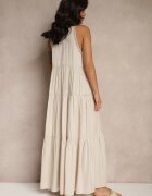 j&x Rochie Bejă din Vâscoză Decorată cu Motiv Croșetat Mevelta