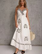 j&x Rochie Boho cu adaos de in cu croială evazată cu franjuri și volan Ocaline Albă