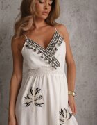 j&x Rochie Boho cu adaos de in cu croială evazată cu franjuri și volan Ocaline Albă